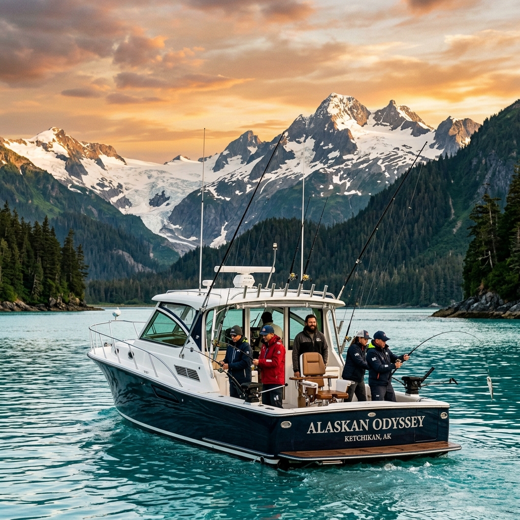 Sport fishing boat on pristine Alaskan waters with snow-capped mountains