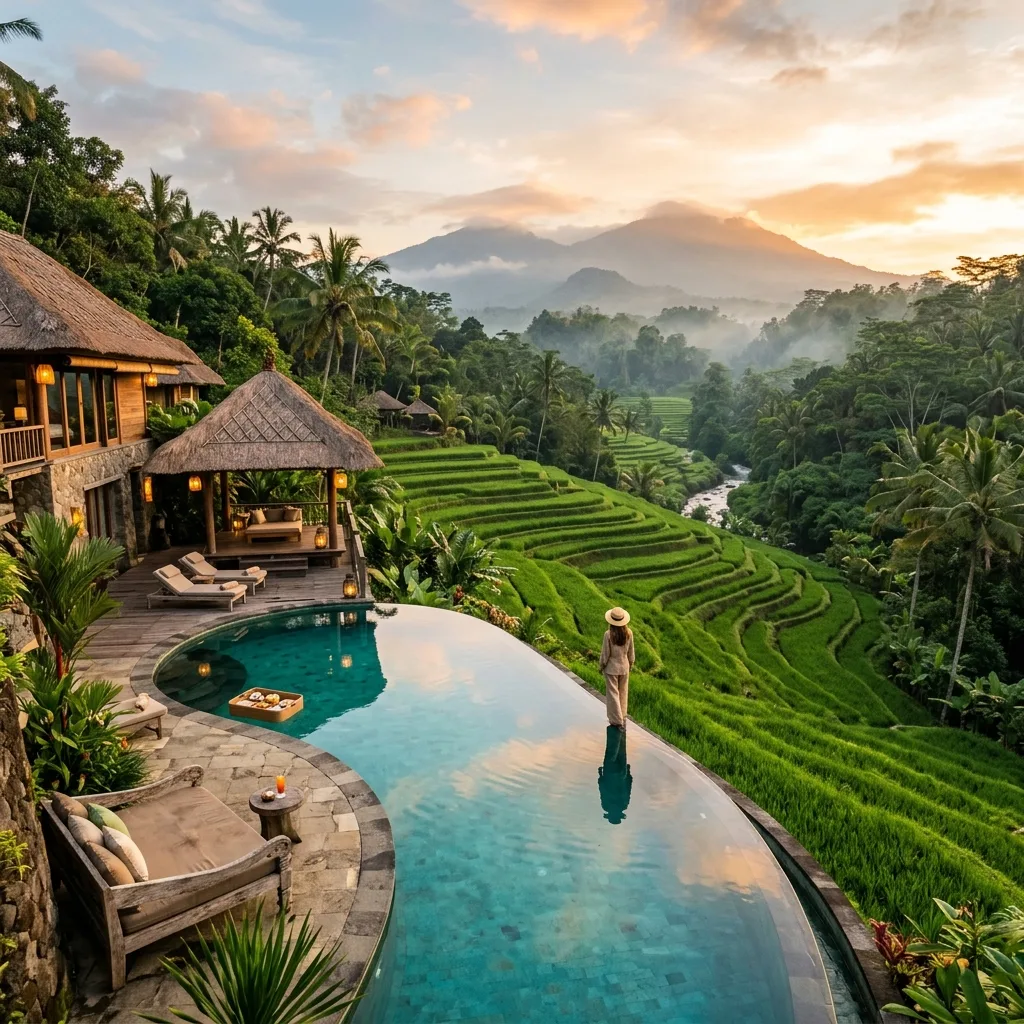 Luxury infinity pool overlooking Bali rice terraces