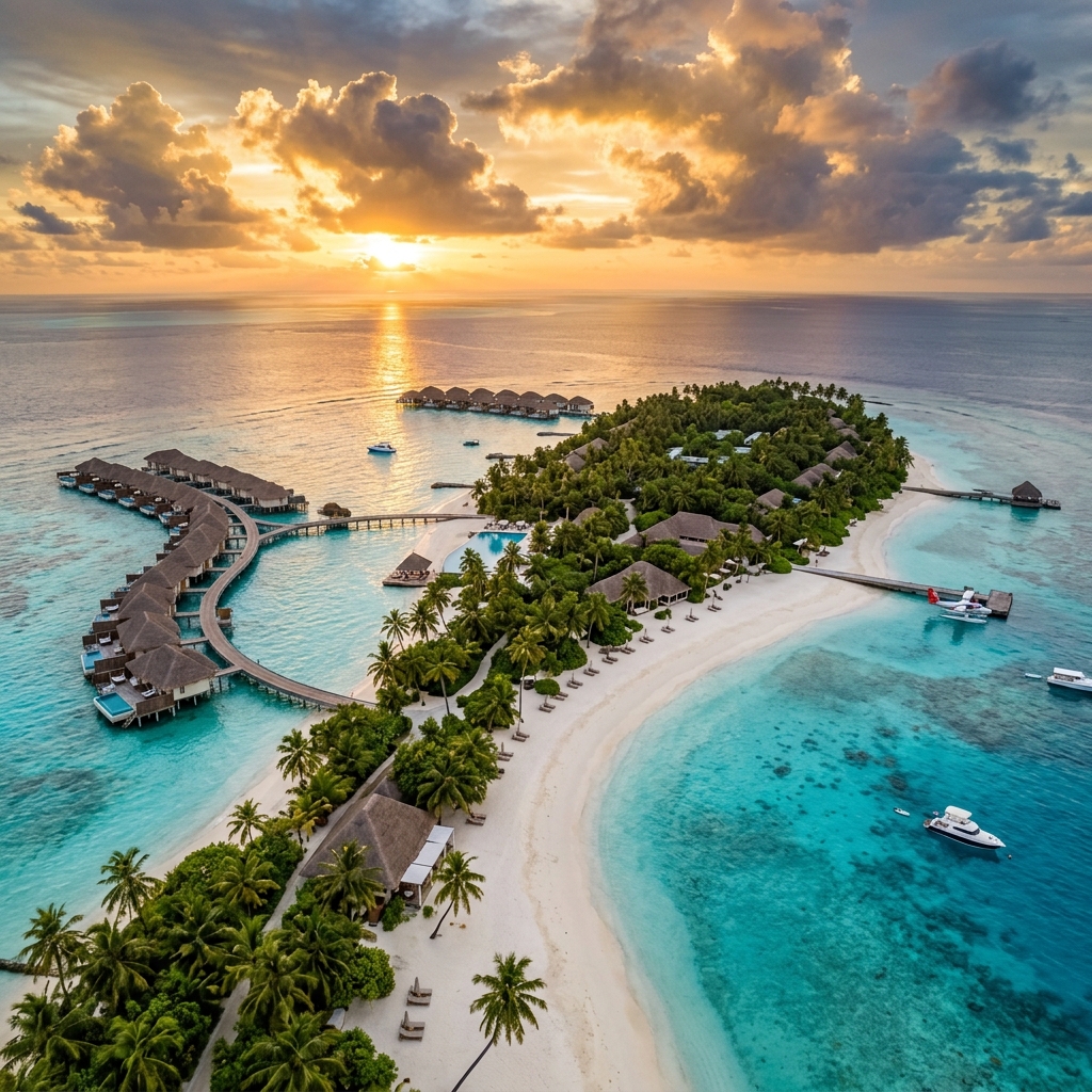 Aerial view of a luxury tropical island resort at sunset