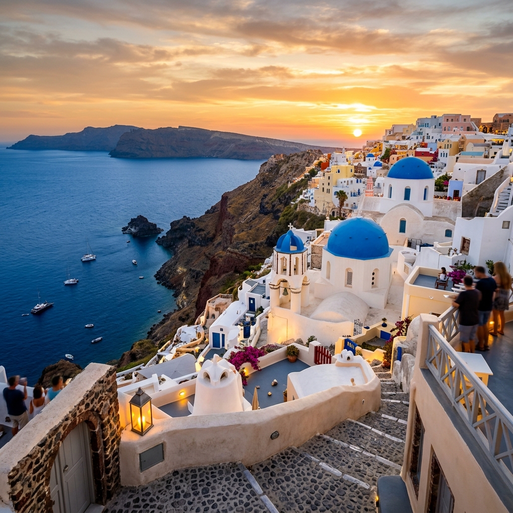 Santorini sunset with iconic blue-domed churches