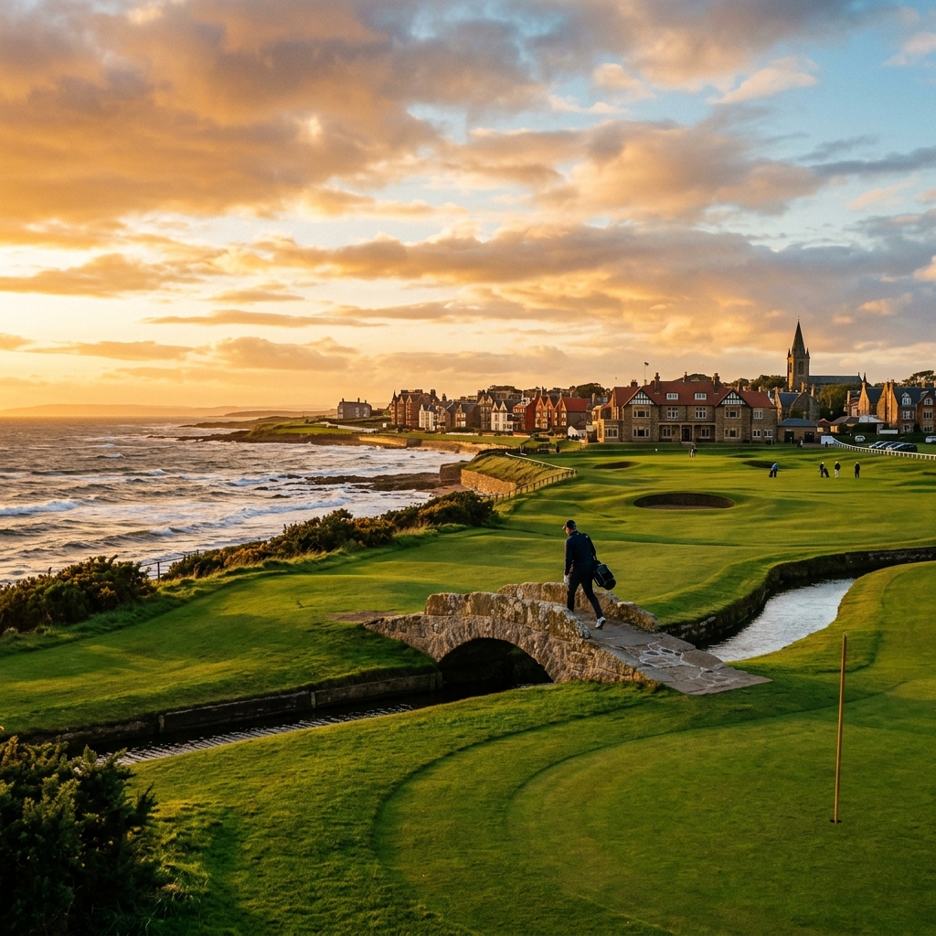 Iconic coastal golf links in Scotland at golden hour