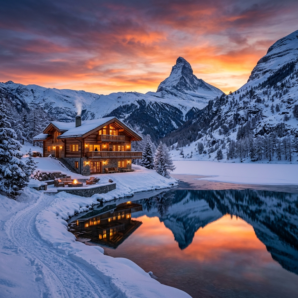 Swiss Alps luxury chalet with mountain reflection